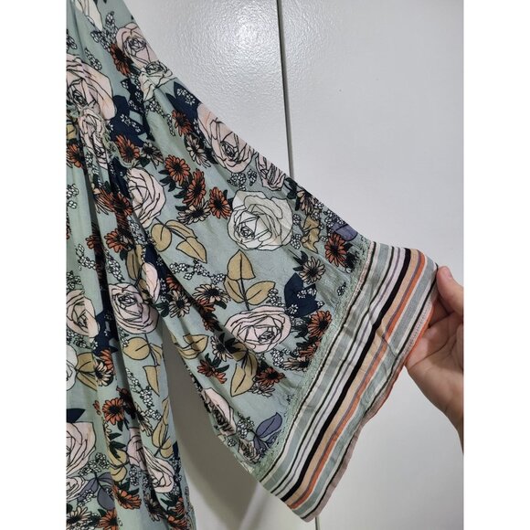DEMOCRACY Women's SZ LG Floral Striped 3/4 Kimono Sleeve V-Neck Flowy Tunic Top - Picture 4 of 9